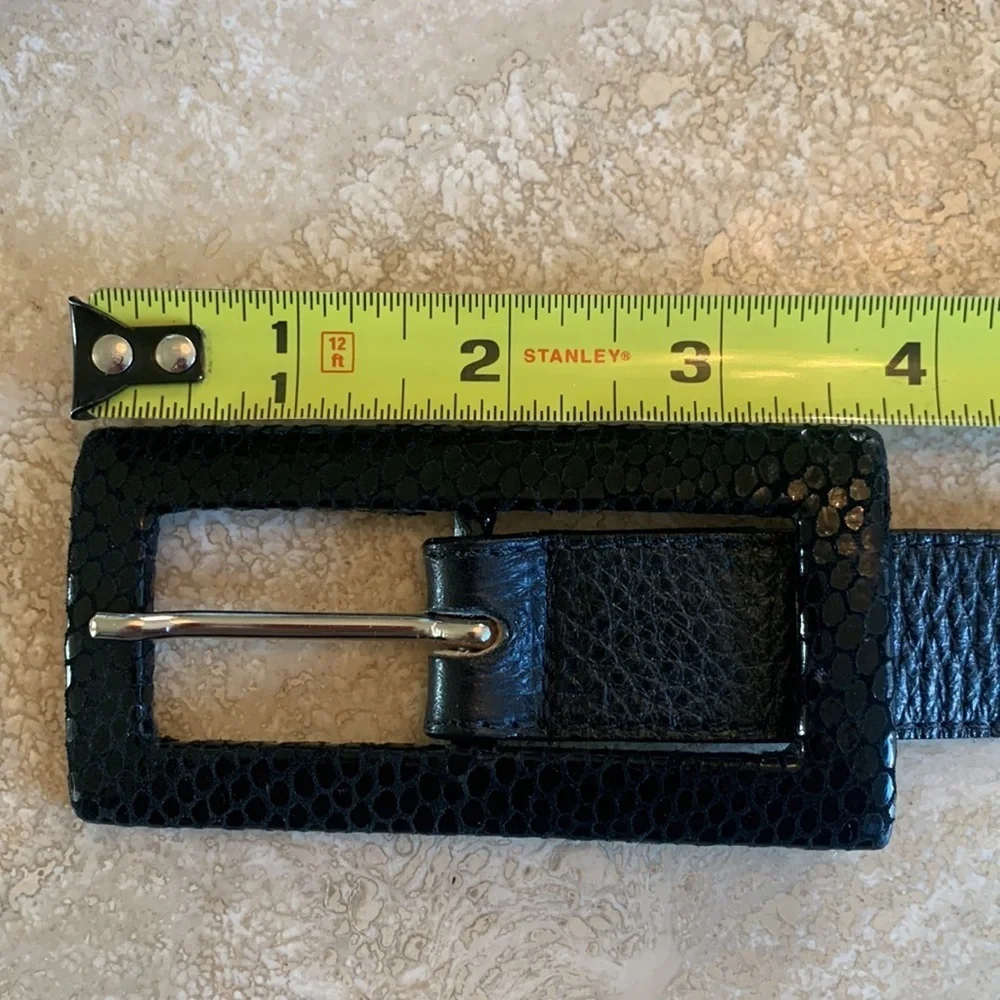Leatherock Belt, 32, black leather, pebbled texture, wide snake print buckle EUC